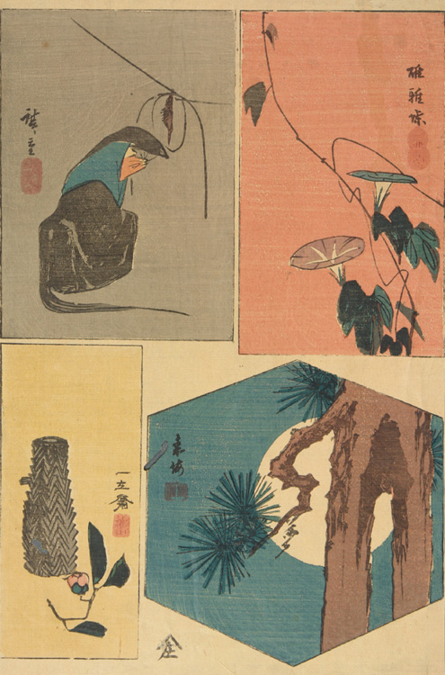 Hiroshiges - Fox Priest, Morning Glories, Basket and Camelia, and Moon and Pine Tree - A Series of Harimaze Prints