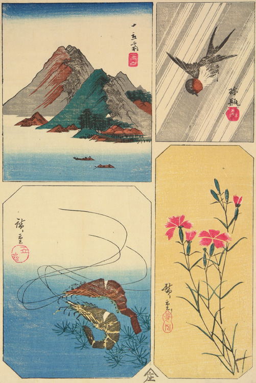 Hiroshiges - Landscape, Sparrow, Shrimp, and Pinks - A Series of Harimaze Prints