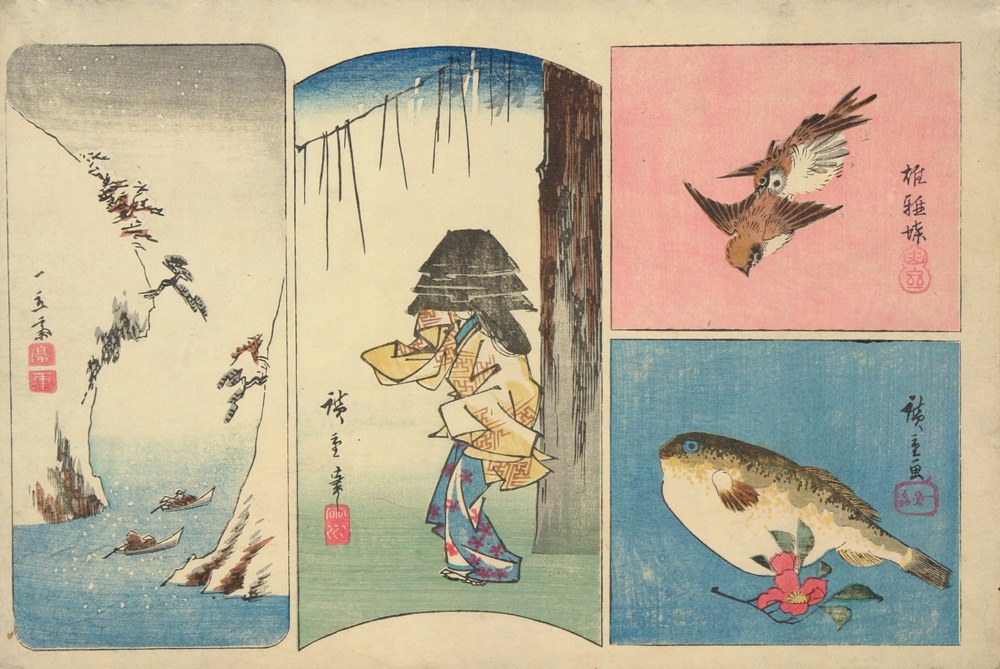 Hiroshiges - River in Snow, Woman Wearing a Kettle, Sparrows, and Blowfish and Camellia - A Series of Harimaze Prints