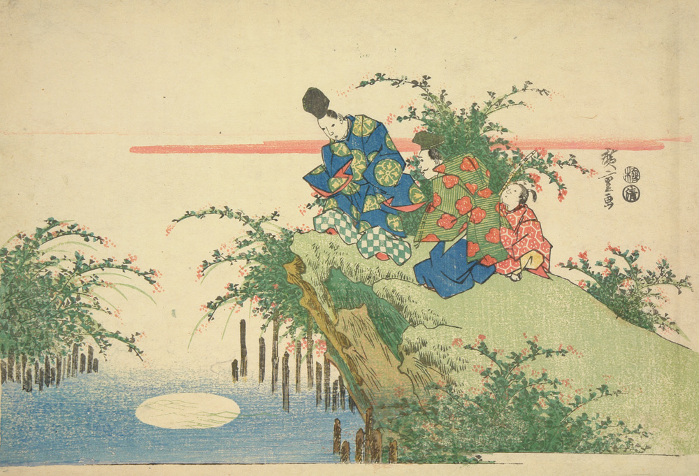 Hiroshiges - Courtiers Viewing the Moon through Bush Clover at the Noji Tama River in Ōmi Province - Untitled series of Six Jewel Rivers 1830-35