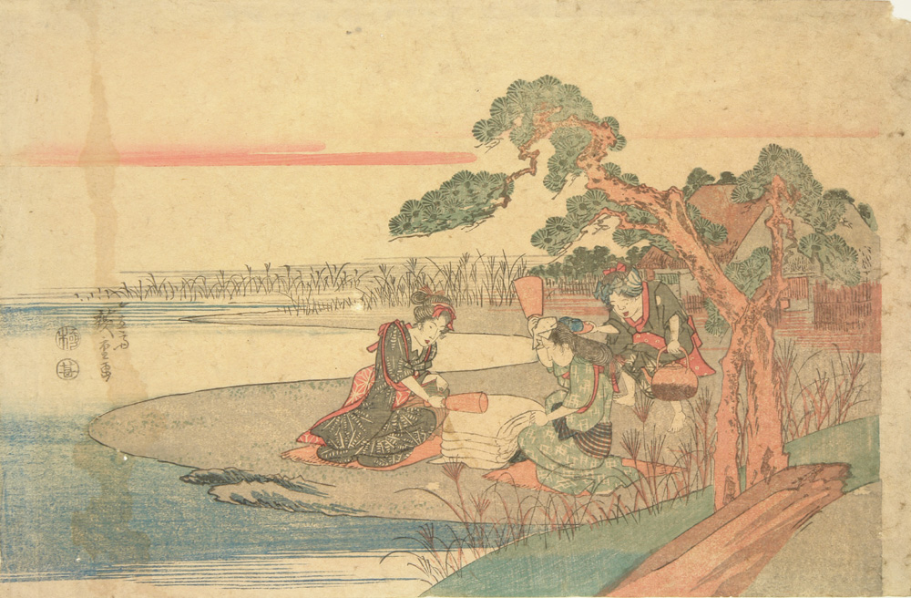 Hiroshiges - Women Pounding Cloth at the Tōi Tama River in Settsu Province - Untitled series of Six Jewel Rivers 1830-35