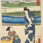 Hiroshiges - 10 Odawara: Fording the Sakawa River, Distant View of the Hakone Mountains (Sakawagawa kachiwatashi, Hakone-yama enbō); Crafts Made at the Yumoto Hotsprings (Yumoto, saiku) - Two Brushes Tokaido