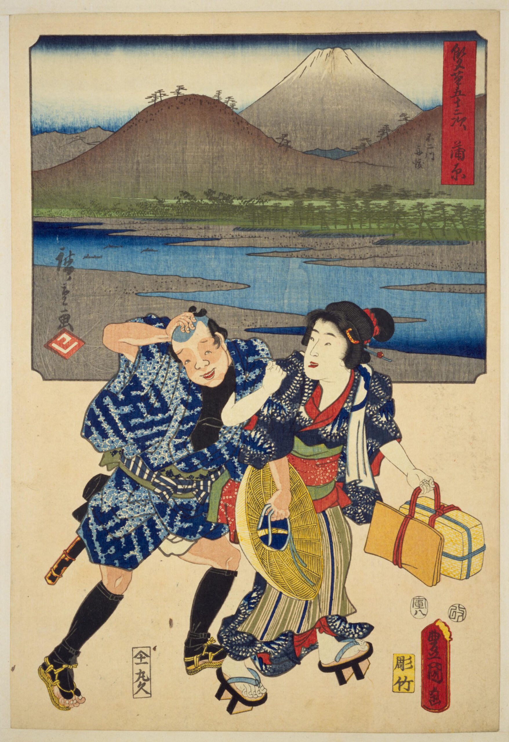 Hiroshiges - 16 Kanbara: Ferry at the Fuji River (Fujikawa funawatari); Pulling in Customers for an Inn (Yadohiki) - Two Brushes Tokaido