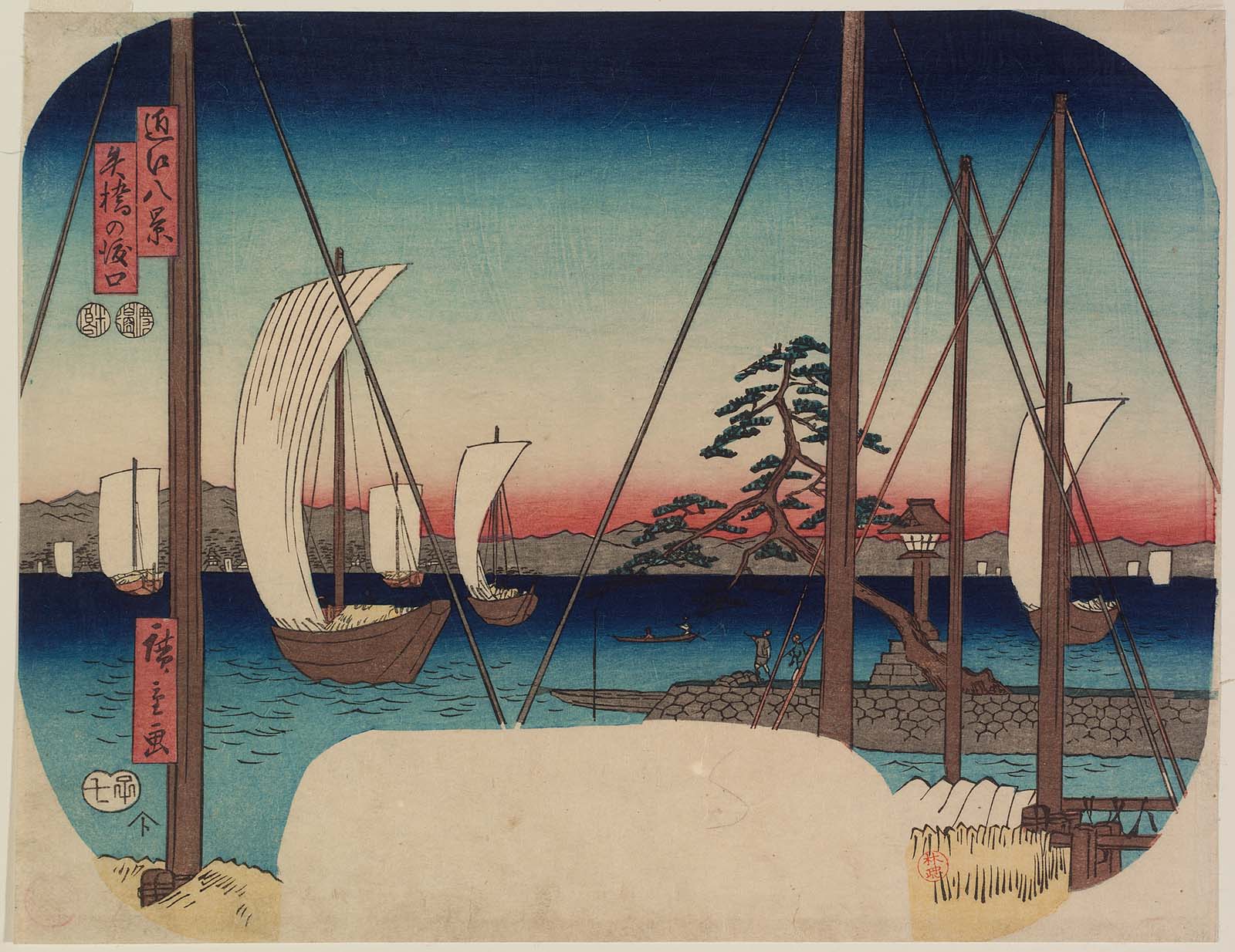 Hiroshiges - Ferry Terminal at Yabase (Yabase no watariguchi) - Eight Views of Ōmi 1852