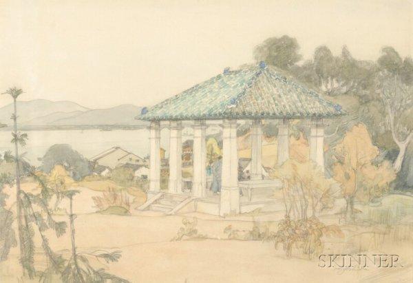 Hiroshi Yoshida - Small pavilion with figures overlooking a bayside village