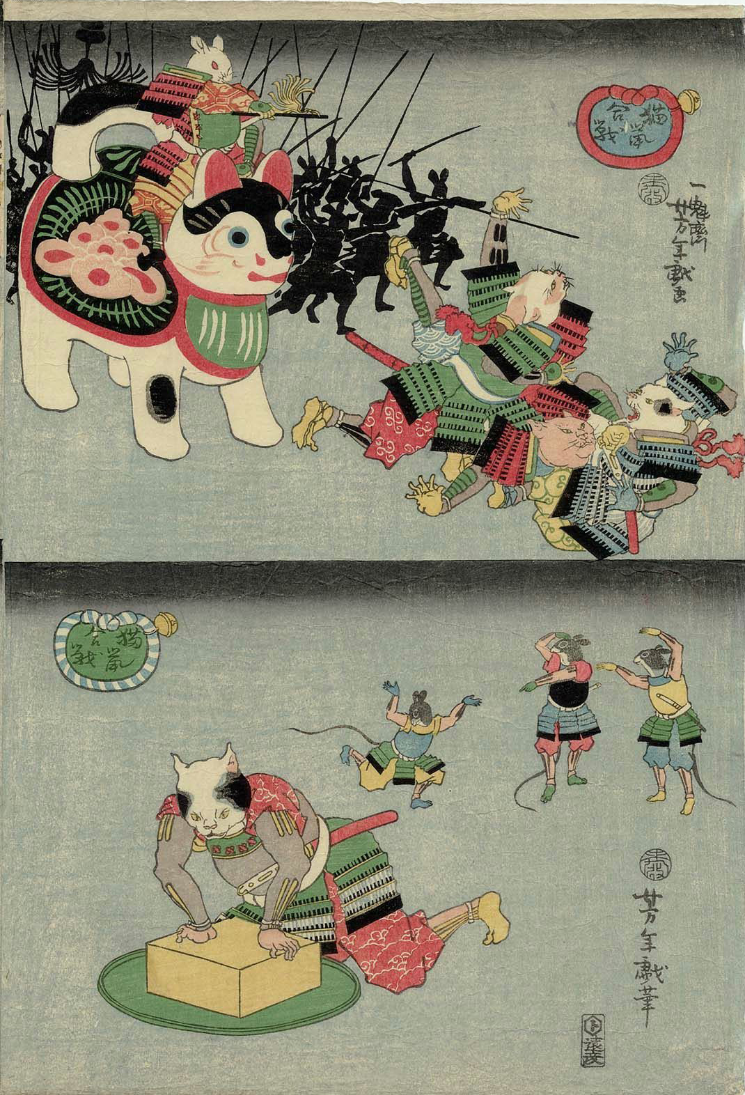 Yoshitoshi - Mouse army advances, general on a dog/ Cat kneels - Battle of Cats and Mice