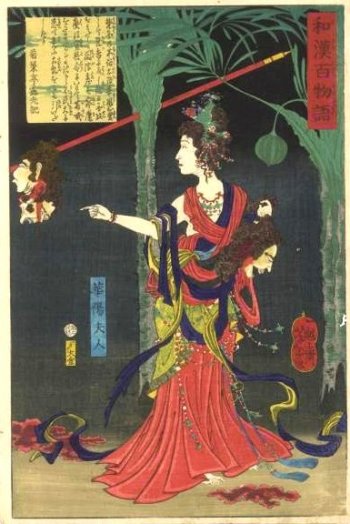 Yoshitoshi - Kayo Fujin, the consort of Prince Hanzoku of India, with a severed head - One hundred ghost stories of China and Japan