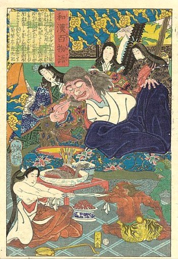 Yoshitoshi - Shutendoji surrounded by women - One hundred ghost stories of China and Japan