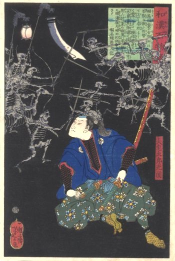 Yoshitoshi - Taro Mitsukuni watching skeletons - One hundred ghost stories of China and Japan