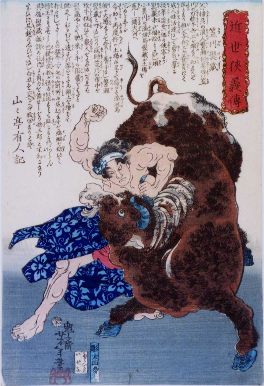 Yoshitoshi - Kasagawa Higezō subduing an ox - Biographies of Modern Men