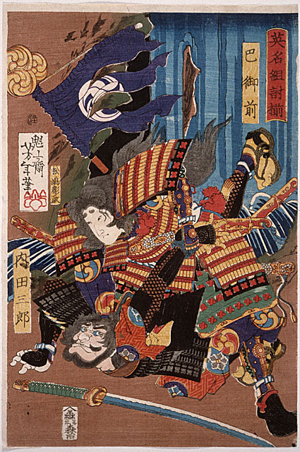 Yoshitoshi - Tomoe Gozen, fighting with Uchida Saburō - Famous Fights Between Brave Men