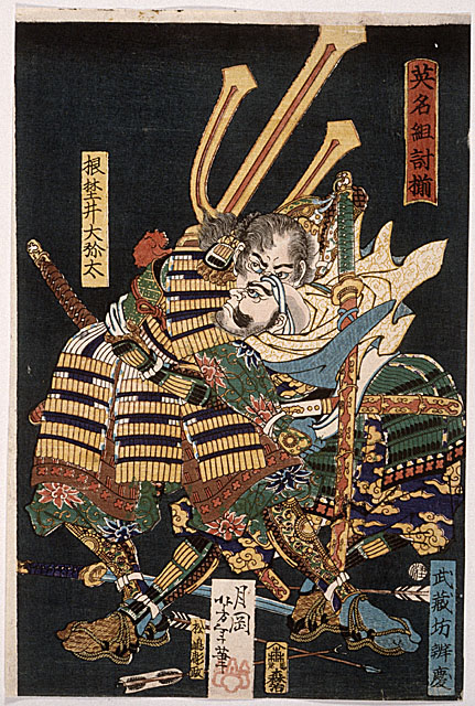 Yoshitoshi - Nenoi Ōyata grappling with Musashibō Benkei - Famous Fights Between Brave Men