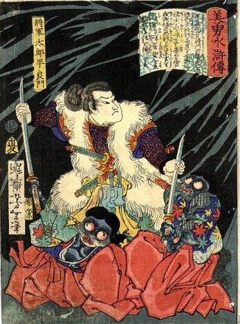 Yoshitoshi - Shogun Tars Taira no Yoshikado disarming two goblins - Handsome and Brave Heroes of the Suikoden