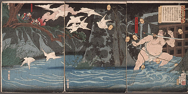 Yoshitoshi - Evening rain at Nagashino. Warrior and herons. - Eight Views from Fine Tales of Warriors
