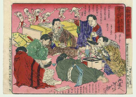 Yoshitoshi - Students neglecting their studies. - Moral Lessons through Pictures of Good and Evil