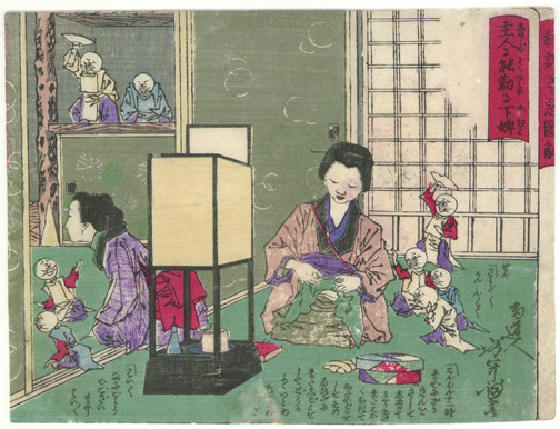Yoshitoshi - A servant who serves her master well sewing by lamp. - Moral Lessons through Pictures of Good and Evil