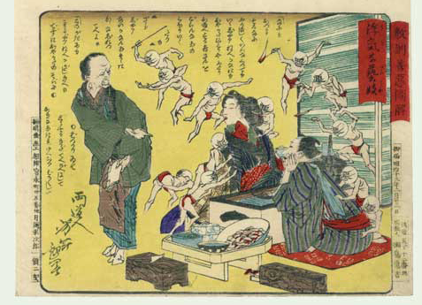 Yoshitoshi - A fickle geisha staying on with a client. - Moral Lessons through Pictures of Good and Evil