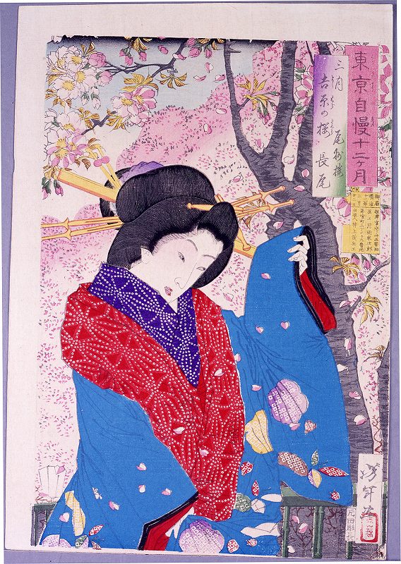 Yoshitoshi - Nagao of Bishuro beneath cherry tree in Yoshiwara - Pride of Tokyo's Twelve Months