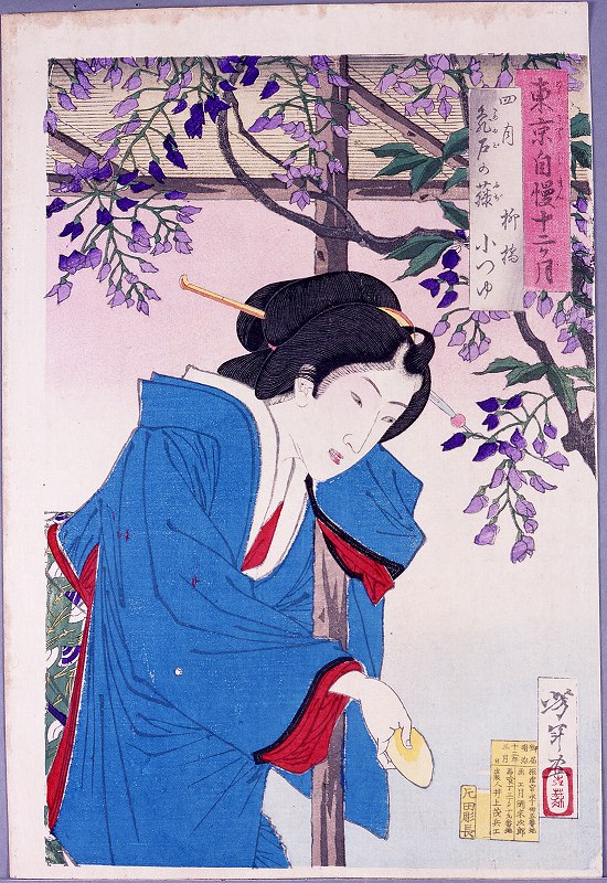 Yoshitoshi - Otsuyu of Yanagibashi in wistaria arbor at Kameido. - Pride of Tokyo's Twelve Months