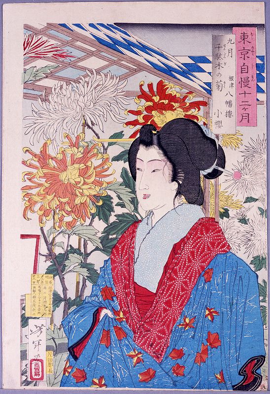Yoshitoshi - Geisha by chrysanthemums at Sendagi. - Pride of Tokyo's Twelve Months