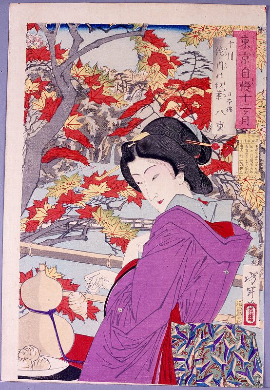 Yoshitoshi - Yao of Nihombashi beneath maple trees at Takinokawa. - Pride of Tokyo's Twelve Months