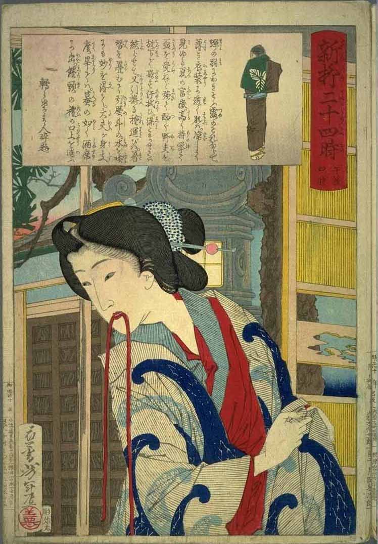 Yoshitoshi - 4 p.m – Geisha holding cord in lips. - Twenty-Four Hours at Shinbashi and Yanagibashi