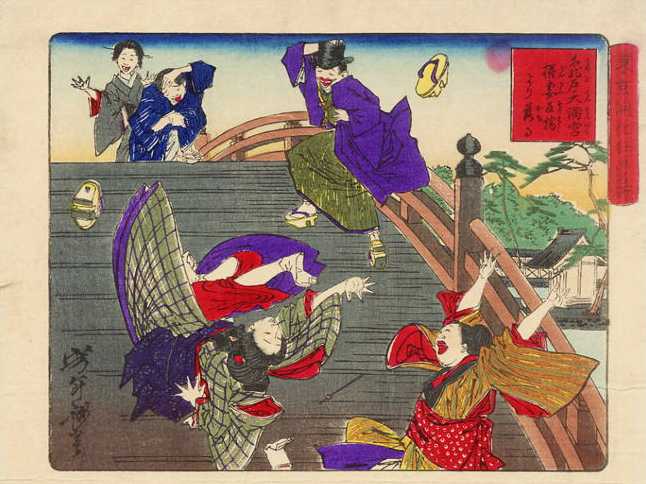 Yoshitoshi - A woman falling down the arched bridge at Temmangu Shrine, Kameido. - Crazy Pictures of Famous Places in Tokyo