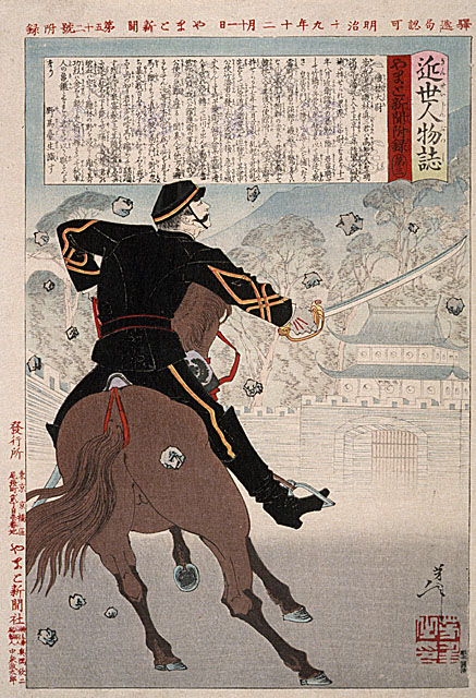 Yoshitoshi - No. 52, Isobayashi Taii on horseback by castle gate with falling stones. - Personalities of Recent Times