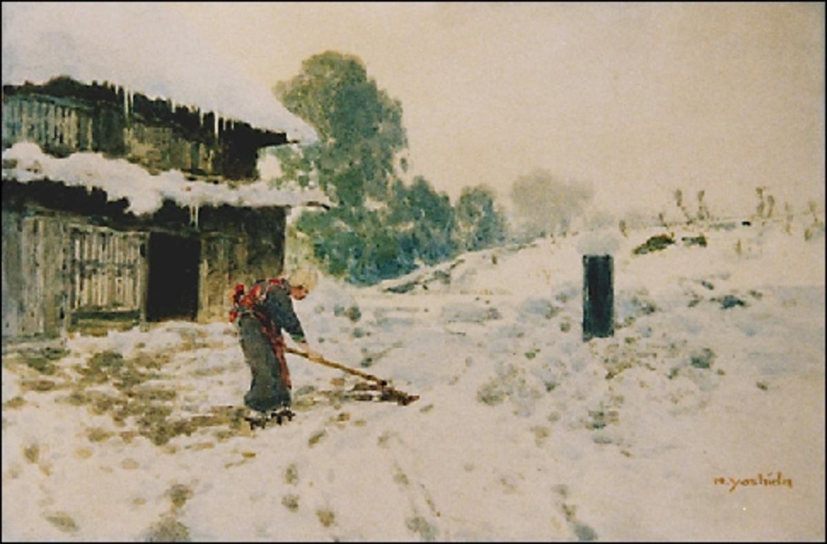 Hiroshi Yoshida - Farmhouse snow scene