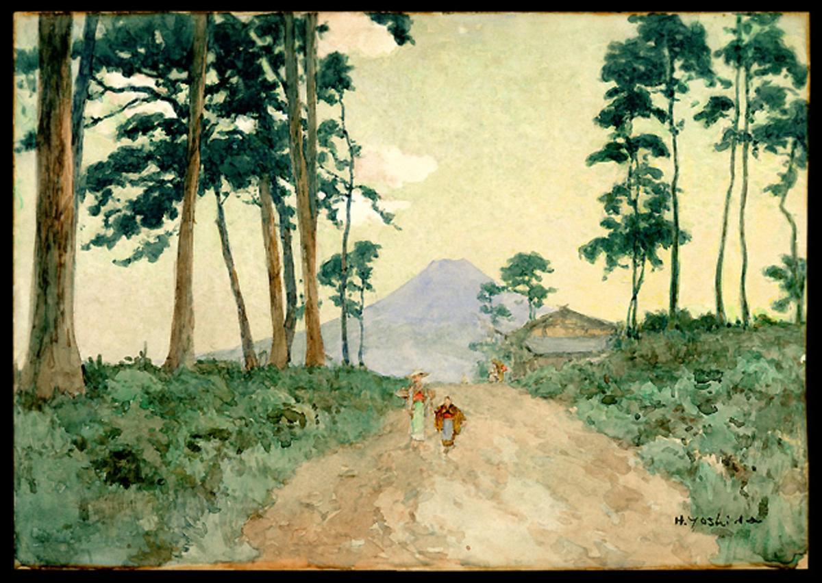 Hiroshi Yoshida - Farmhouse and figures on a tree-lined path overlooking Mt. Fuji