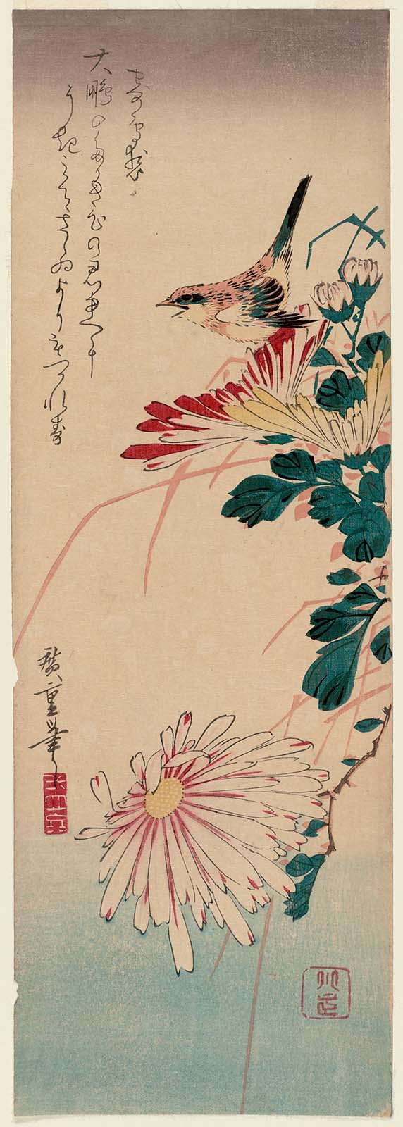 Hiroshiges - Bird and Chrysanthemums - Chū-tanzaku Format