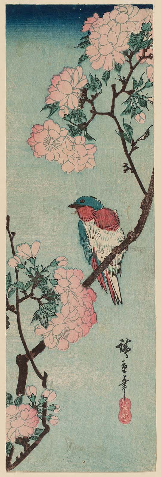 Hiroshiges - Bird and Double Cherry - Chū-tanzaku Format