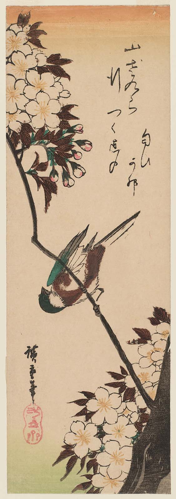 Hiroshiges - Bird and Wild Cherry - Chū-tanzaku Format