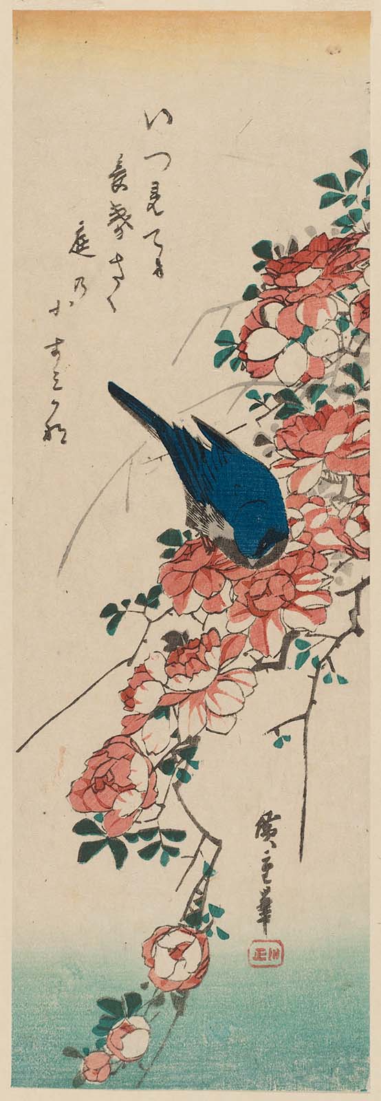 Hiroshiges - Blue Bird and Roses - Chū-tanzaku Format