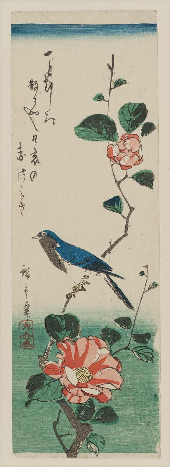 Hiroshiges - Bluebird on Camellia Branch - Chū-tanzaku Format