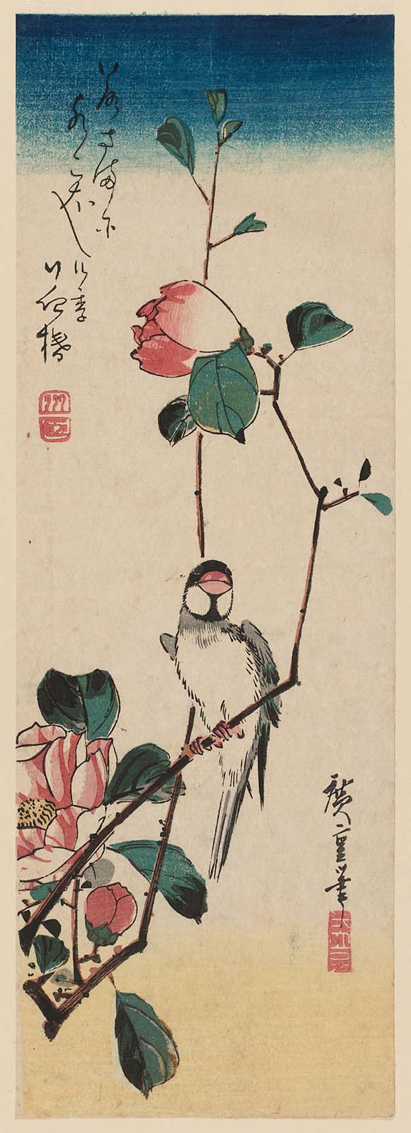 Hiroshiges - Camellia and Finch - Chū-tanzaku Format