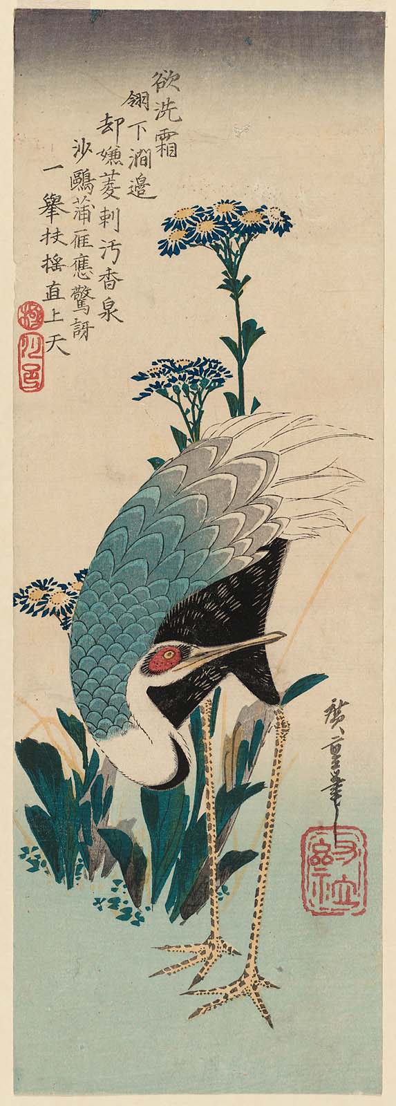 Hiroshiges - Crane and Asters - Chū-tanzaku Format