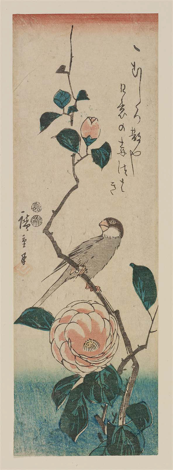 Hiroshiges - Finch on Camellia Branch - Chū-tanzaku Format