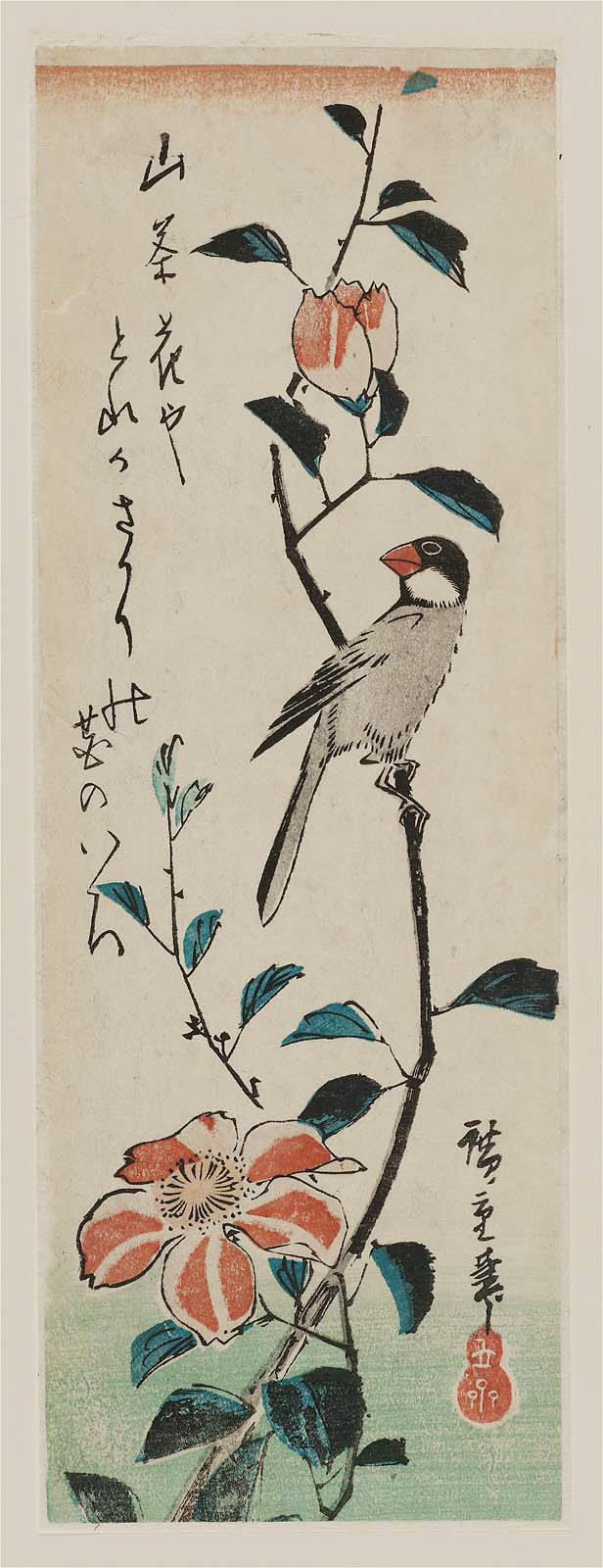 Hiroshiges - Finch on Camellia Branch - Chū-tanzaku Format