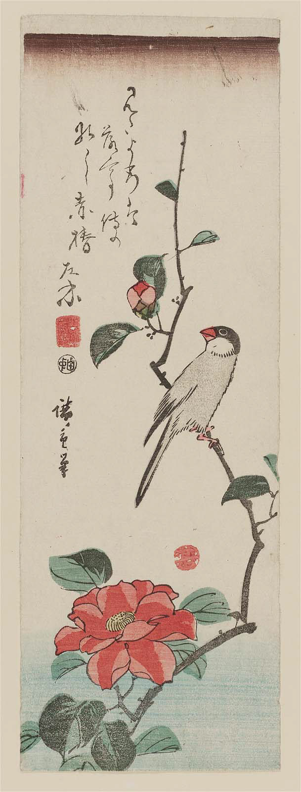 Hiroshiges - Finch on Camellia Branch - Chū-tanzaku Format