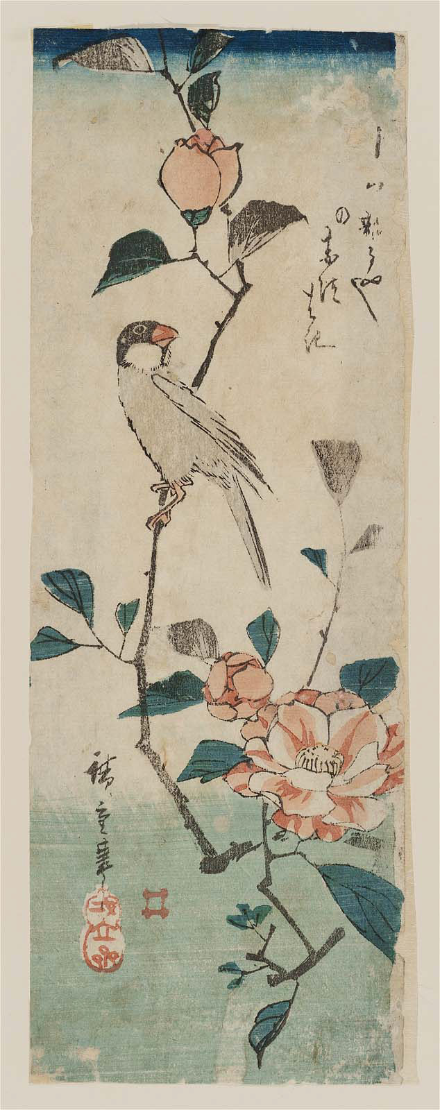 Hiroshiges - Finch on Camellia Branch - Chū-tanzaku Format