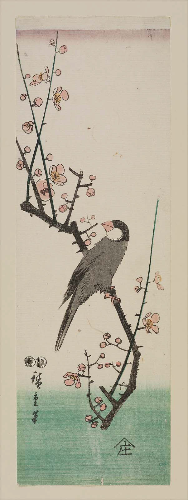 Hiroshiges - Finch on Red Plum Branch - Chū-tanzaku Format