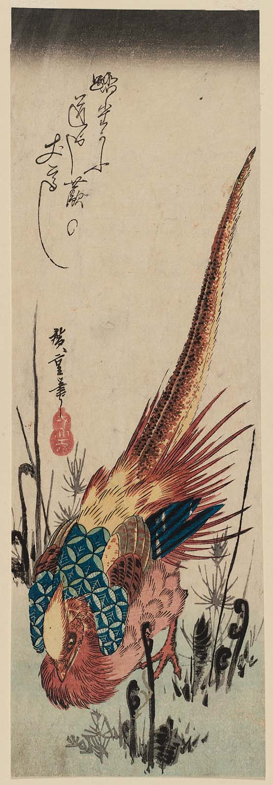 Hiroshiges - Golden Pheasant and Fern Shoots - Chū-tanzaku Format