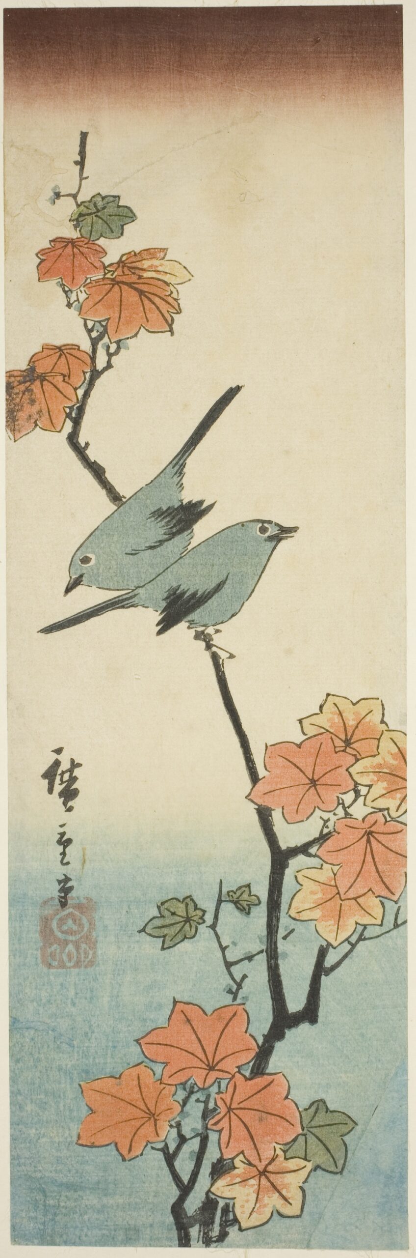 Hiroshiges - Japanese White-eyes on a Maple Branch - Chū-tanzaku Format