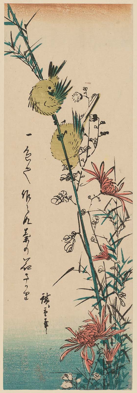 Hiroshiges - Little Green Birds and Chrysanthemums - Chū-tanzaku Format