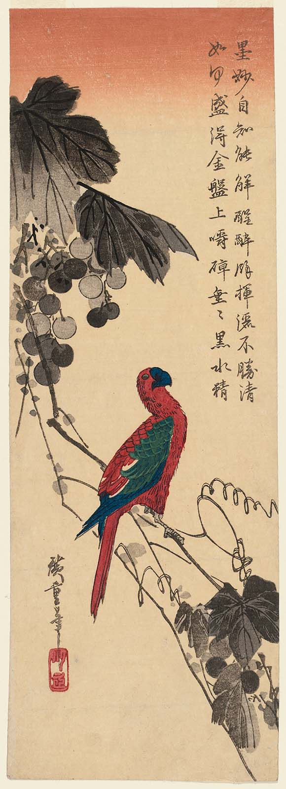 Hiroshiges - Macaw on Grapevine - Chū-tanzaku Format