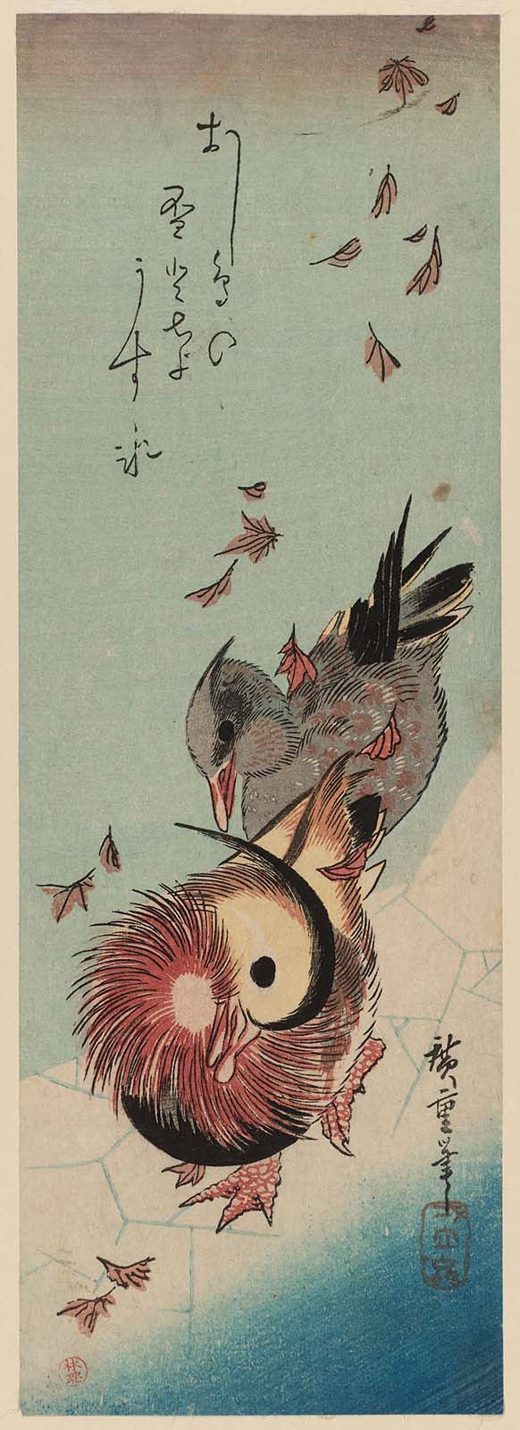 Hiroshiges - Mandarin Ducks and Falling Leaves on Ice - Chū-tanzaku Format