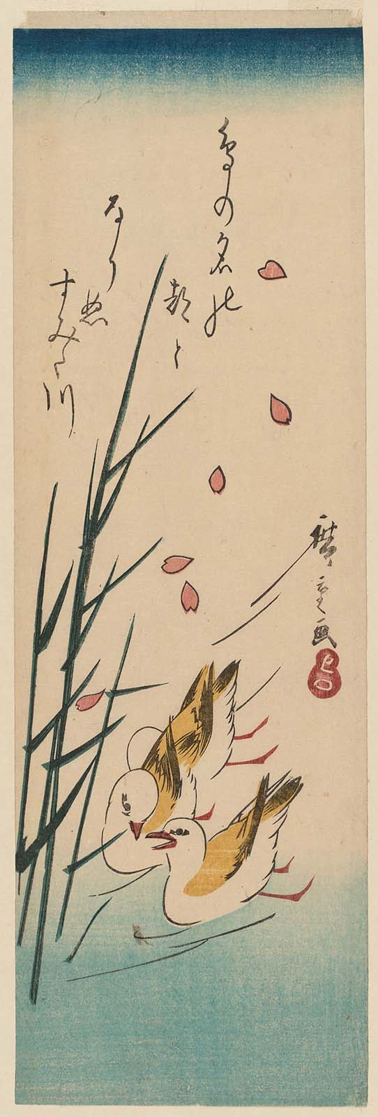 Hiroshiges - Oyster-catchers (Miyakodori), Reeds, and Falling Petals - Chū-tanzaku Format