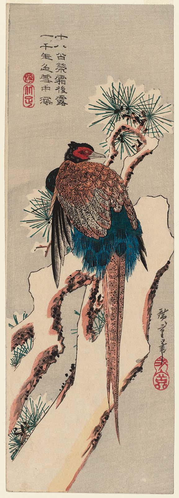 Hiroshiges - Pheasant on a Snow-covered Pine Tree - Chū-tanzaku Format