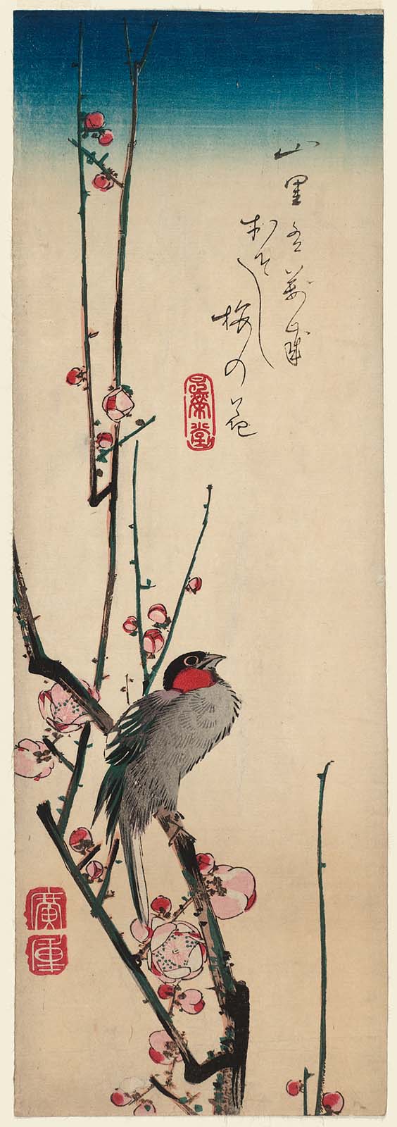 Hiroshiges - Red-cheeked Bird and Red Plum Blossoms - Chū-tanzaku Format